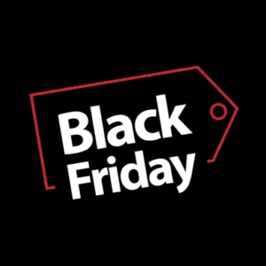 Black Friday sale tag: striking red outline, bold white text on black background, highlighting discounts.