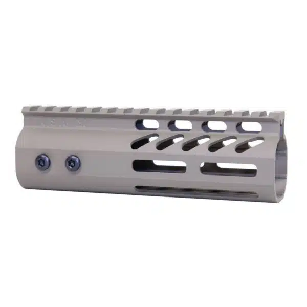 Gray tactical rifle handguard with Picatinny rail, ventilation ports, and ergonomic design for accessories.