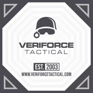 Veriforce Tactical logo: octagonal frame, dark gray helmet, established 2003, website included.