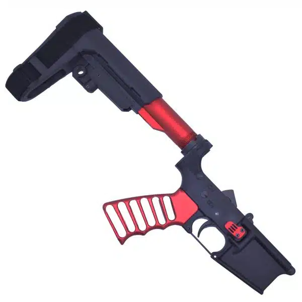AR Red pistol lower with SBA3 red buffer tube and red skeletonized grip
