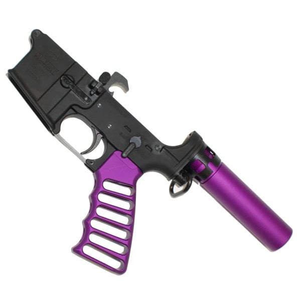 Veriforce Tactical Lower Receiver with anodized purple micro pistol buffer tube kit and skeletonize pistol grip