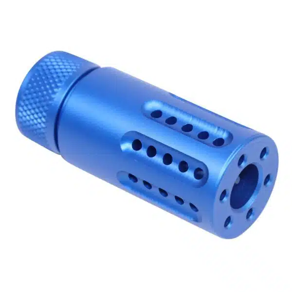 Metallic blue AR-15 muzzle brake with precision vents for recoil reduction.