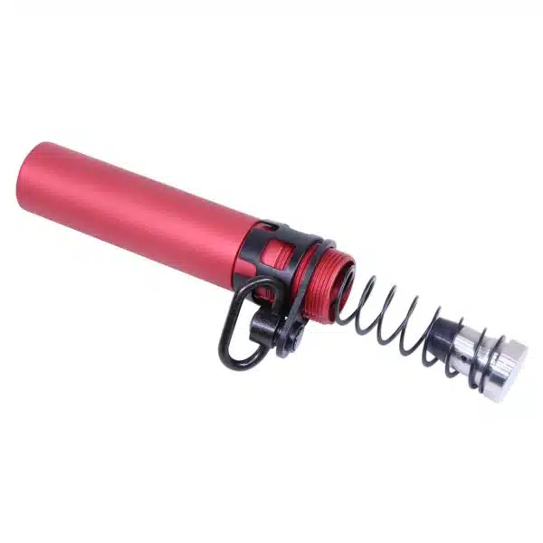 Red anodized AR-15 buffer tube set with polished rod and spring for performance enhancement.