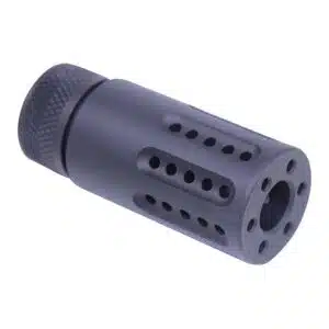 Black AR-15 muzzle brake with multiple ports for reducing recoil and enhancing shooting performance.