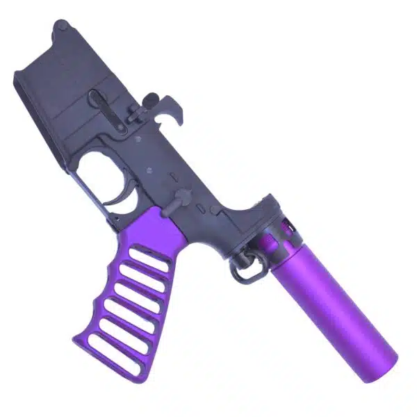 Customized black and purple AR-15 lower receiver with skeletonized grip.