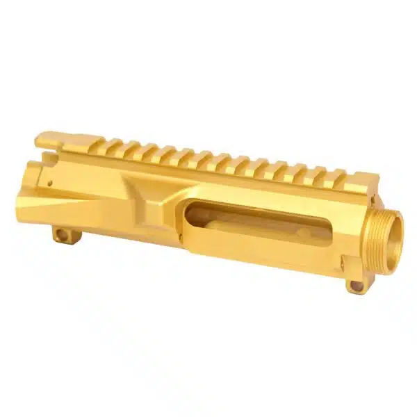 Gold anodized AR upper receiver with Picatinny rail, ejection port, for custom .223, 5.56, 300 Blackout builds.