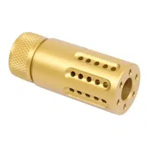 Gold muzzle brake with knurled grip, precision-drilled ports for reduced recoil, and premium finish.