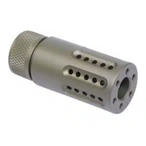 OD Green precision-machined AR-15 muzzle brake with ports for recoil reduction and control.