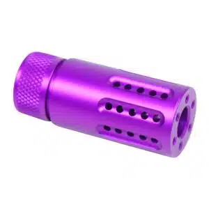 Purple anodized AR-15 muzzle device with knurled grip and ported Gatling-style brake.