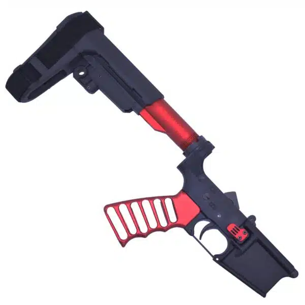 Compact tactical shotgun with red accents, ergonomic grip, and adjustable stock for close-quarters efficiency.