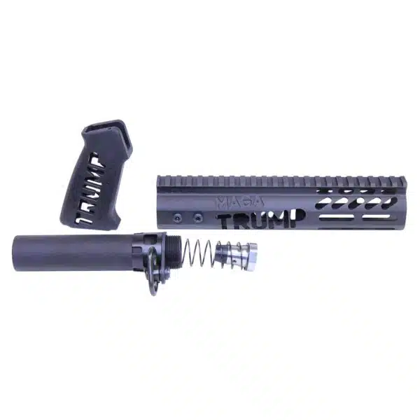Black AR-15 accessory kit: pistol grip, buffer tube, and rail handguard.