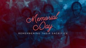 Patriotic Memorial Day tribute with coral script and symbolic red, white, blue background.