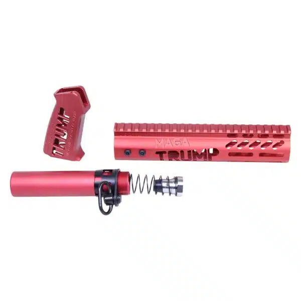 Red anodized AR-15 components: pistol grip, handguard, buffer tube for personalized customization.