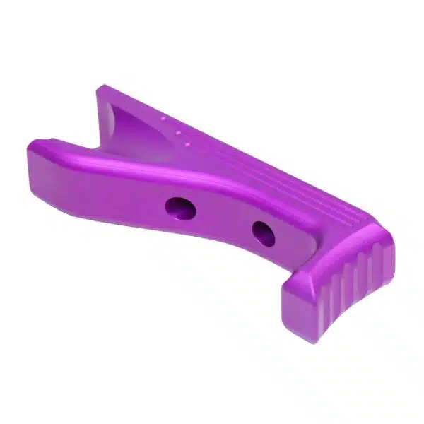 Purple ergonomic aluminum grip with hook design and mounting holes for specialized use.