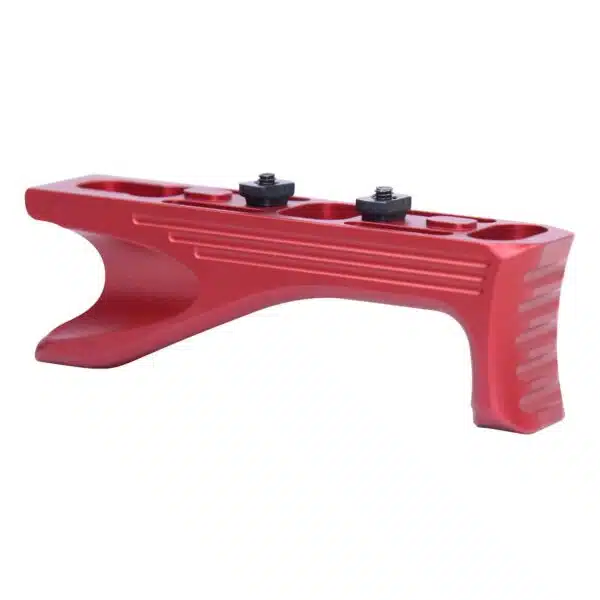 Red angled foregrip for firearms with ergonomic design, textured grip, and rail attachment.