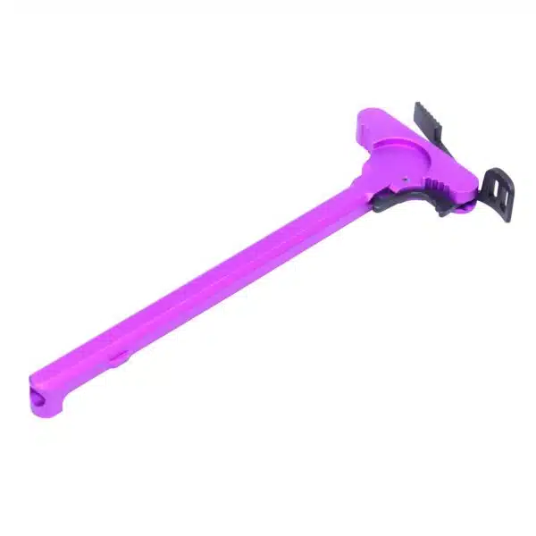 Purple AR-15 charging handle with anodized finish and tactical ambidextrous latch for improved grip.