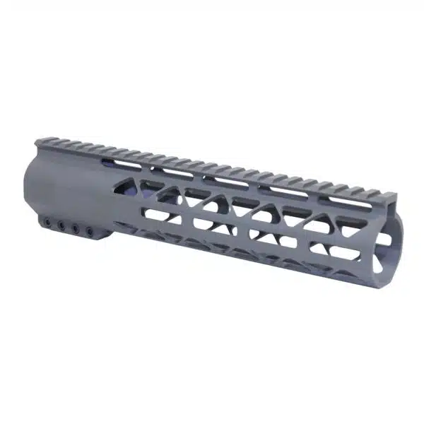 Gunmetal gray tactical rifle handguard with Picatinny rail and weight-reducing cutouts.