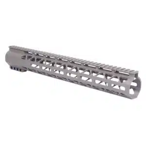 15 AR-308 Diamond Series M-LOK Handguard in FDE with Picatinny Rail and Geometric Cutouts.