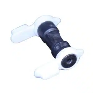 Black cylindrical connector with white mounting brackets for vibration dampening in mechanical systems.