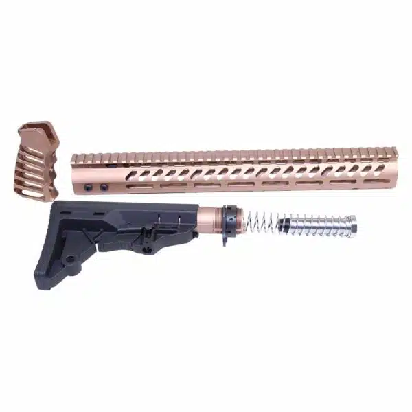 Bronze AR-15 parts set with handguard, buttstock, and foregrip on white background.
