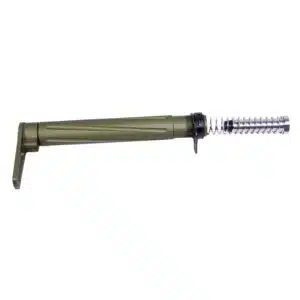 OD green AR-15 buffer tube with metallic spring, matte finish, end plate, and castle nut.