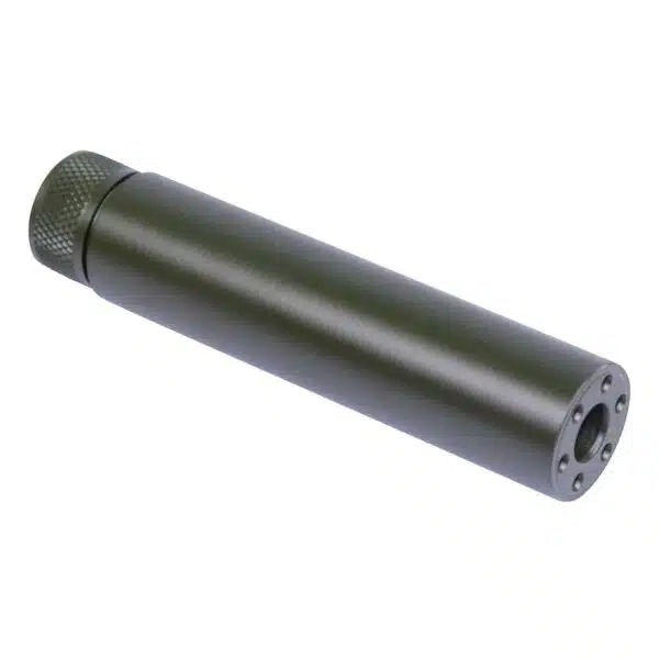 Olive green suppressor with knurled grip for tactical noise reduction on firearms.