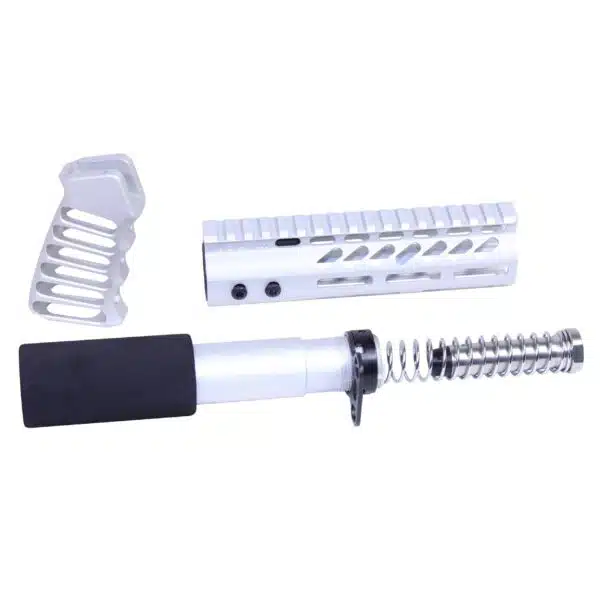 AR-15 front assembly components on display: handguard, pistol grip, buffer tube.