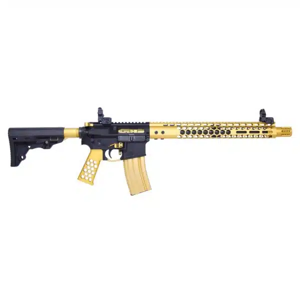 Custom gold AR-15 rifle with black details on white background.