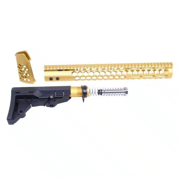 Gold and black AR-15 custom parts: anodized handguard and adjustable buttstock assembly.