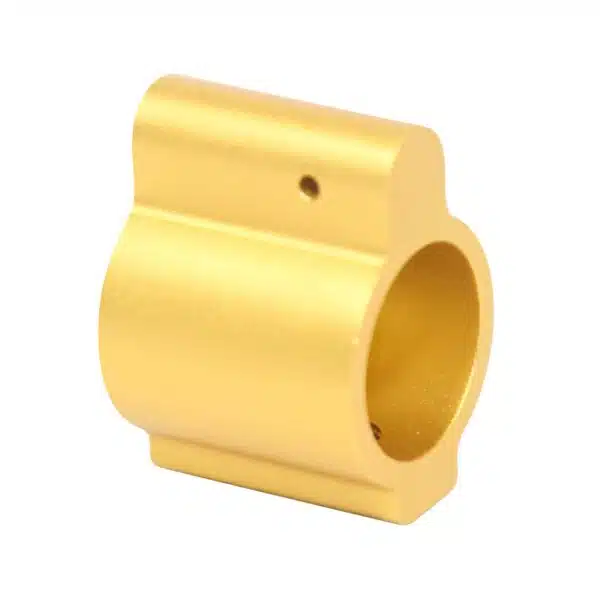 Gold anodized AR-15 gas block, precision-engineered with central opening and smooth polished finish.