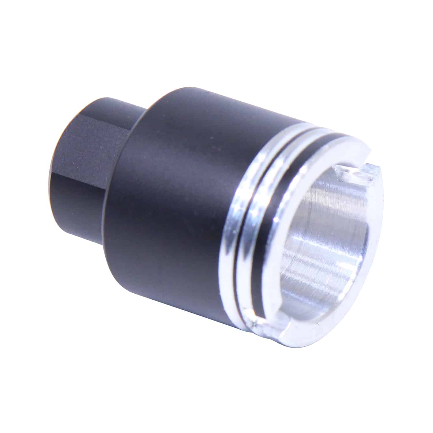 AR-15 stubby slim flash can with black anodized body and machined silver front section