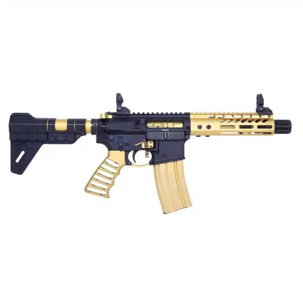 Two-tone AR-15 style replica with black, gold accents; compact design, ergonomic grip, adjustable stock.
