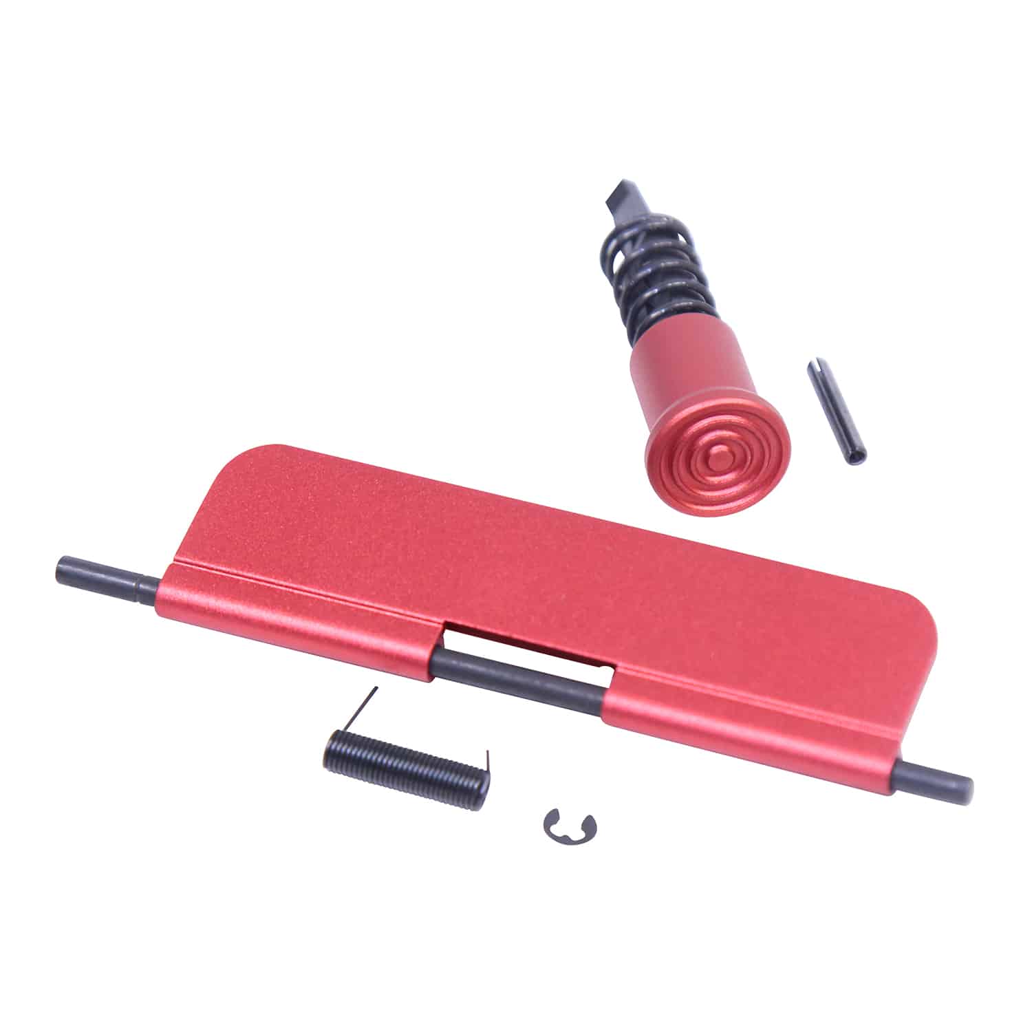 AR-15 upper completion kit with anodized red dust cover and forward assist components
