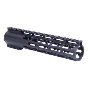 Black tactical handguard with Picatinny rail and M-LOK slots for modern rifles.