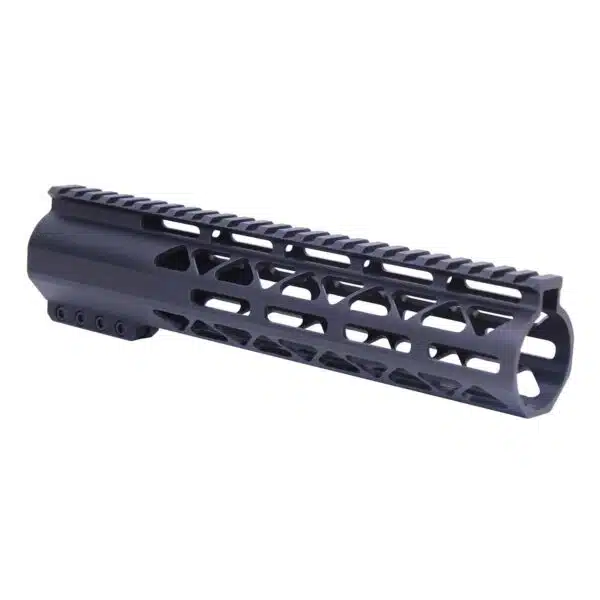 Black tactical handguard with Picatinny rail and M-LOK slots for modern rifles.