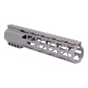 Tactical AR handguard with Picatinny rail and M-LOK design in gray tungsten finish.