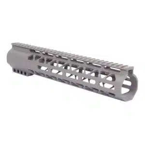 Lightweight AR-15 free-floating handguard with M-LOK slots and Picatinny rail in matte gray.