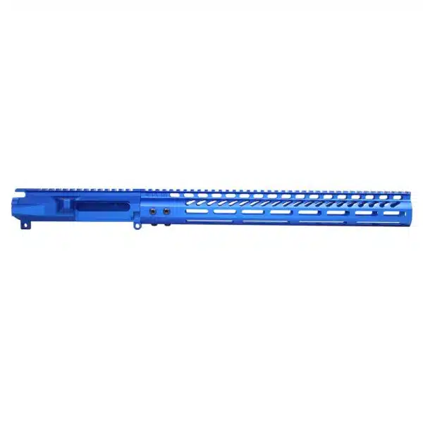 Bright blue AR-15 M-LOK handguard, lightweight free-floating rail for accessory mounting.