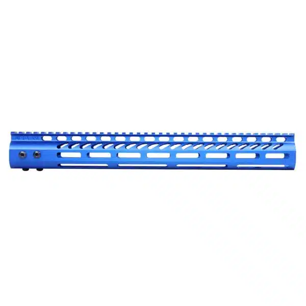 Cobalt blue AR-15 M-LOK handguard, lightweight aluminum, with accessory rail and cooling cutouts.