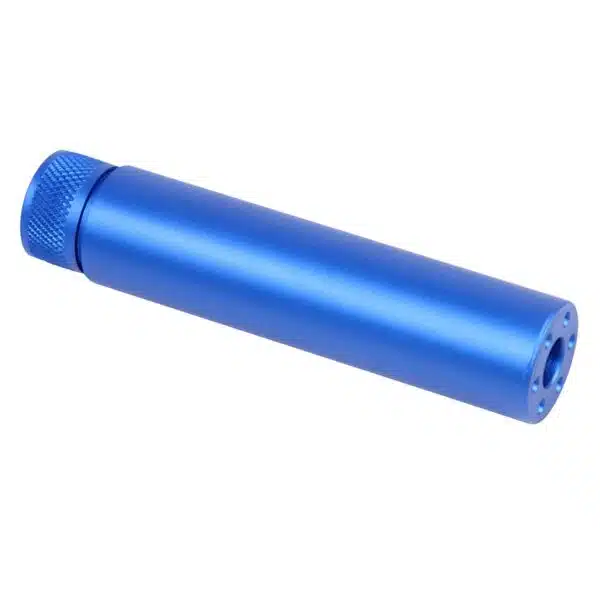 Blue anodized 5.5 AR-15 fake suppressor with polished finish and machined grip.