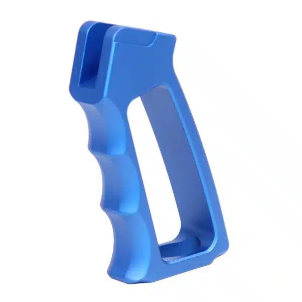 Bright blue ergonomic pistol grip for AR firearms with finger grooves and modern design.