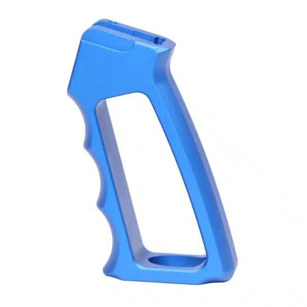 Vibrant blue ergonomic pistol grip for customizable firearms, featuring sleek design and finger grooves.