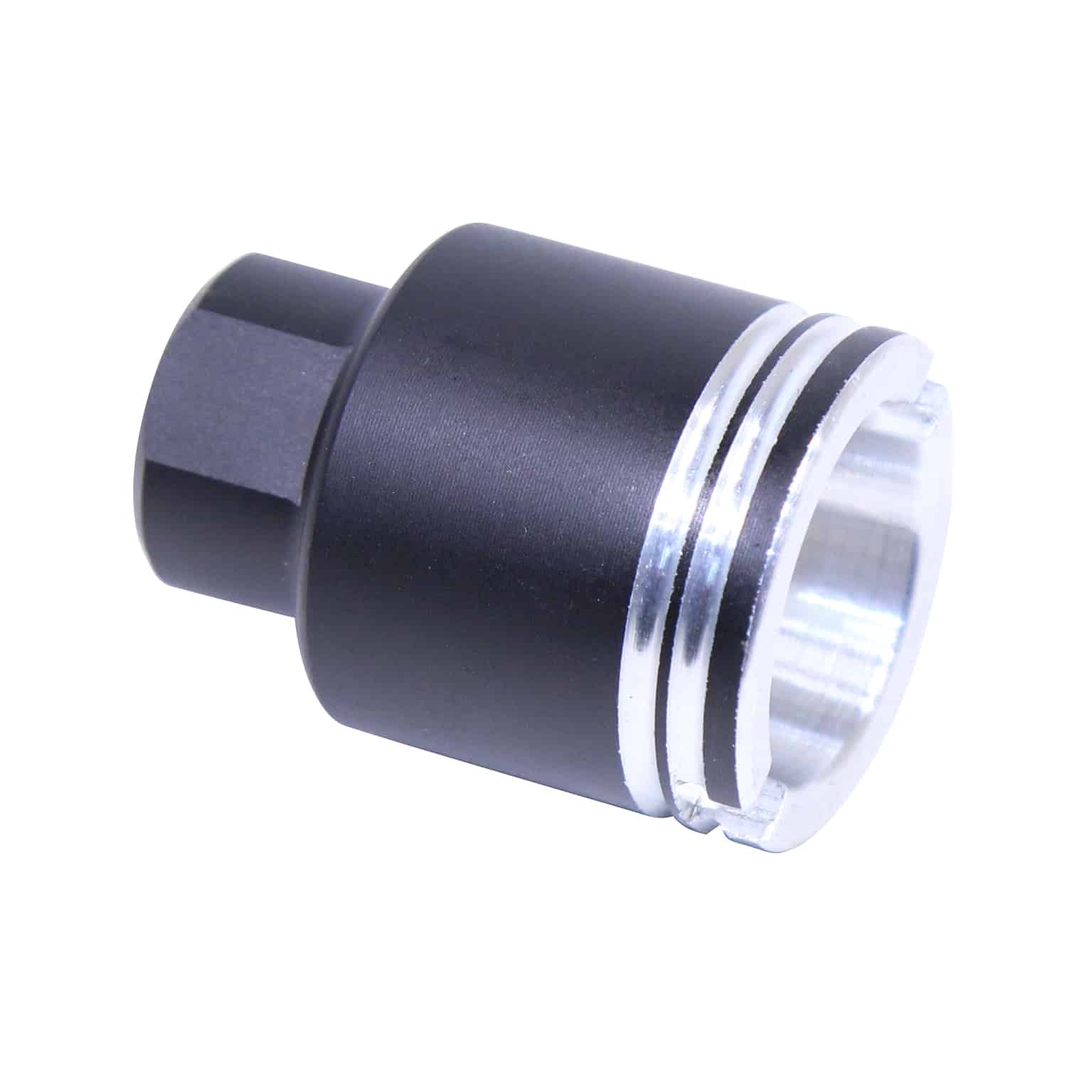 AR-15 stubby slim flash can with black anodized body and machined silver muzzle end