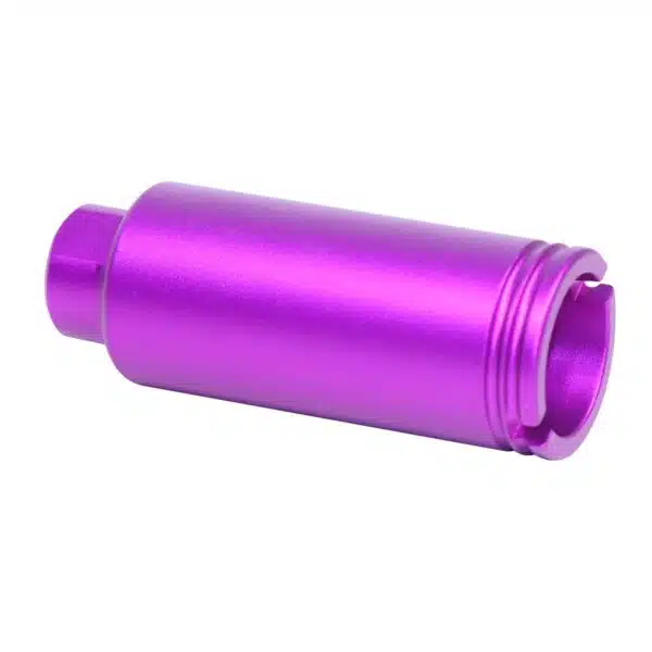 Anodized purple AR-15 flash can accessory with glossy finish and threaded end.