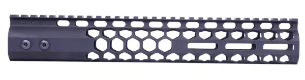 Black aluminum rifle handguard with honeycomb pattern, rail system, lightweight design.