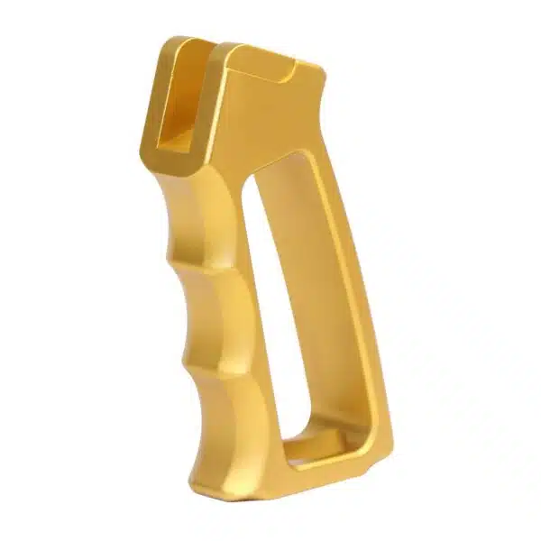 Gold anodized aluminum pistol grip with ergonomic design and finger grooves for enhanced firearm handling.