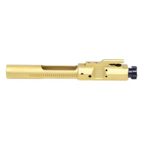 Gold titanium nitride AR bolt carrier group showcasing precise machining and premium durability.
