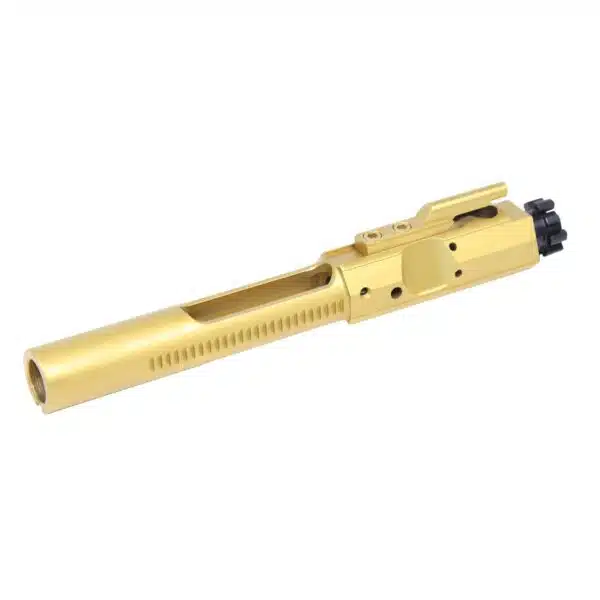 Gold-colored AR-15 bolt carrier group with TiN coating, precision-machined for premium performance.