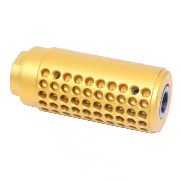 Gold anodized AR-15 fake suppressor with perforated design, precision-machined for durability.