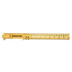 Gold anodized AR-15 upper receiver with M-LOK handguard for custom firearm builds.